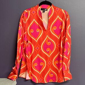Renuar Pink & Orange Geometric Print V-Neck Women's Top